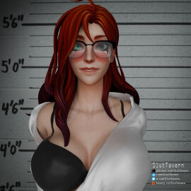 1girls arrest black_bra black_panties breasts dota dota_2 female glasses green_eyes light-skinned_female light_skin medium_breasts pencil_skirt police_car red_hair shirt sluttavern stockings windranger