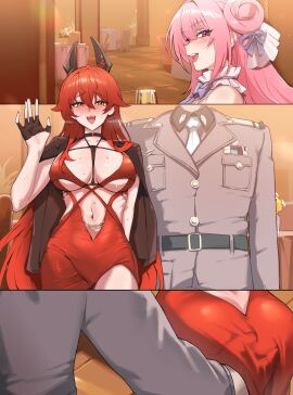 1boy 2girls 3koma ass ass_grab bare_shoulders black_gloves black_jacket breasts brown_jacket choker cleavage cocktail_dress commander_(nikke) dorothy_(nikke) fangs female fingerless_gloves frills goddess_of_victory:_nikke grabbing grabbing_from_behind hair_bun hair_ornament hand_under_clothes head_out_of_frame headgear hi_res jacket_on_shoulders large_ass large_breasts long_hair looking_at_viewer male military_uniform navel necktie open_mouth pink_hair purple_eyes red_dress red_hair red_hood_(nikke) red_hood_(nonsense_red)_(nikke) saki_(remainaddd) sexual_consent smile spiky_hair stealth_ass_grab stomach sweat table teeth tongue waving white_dress yellow_eyes