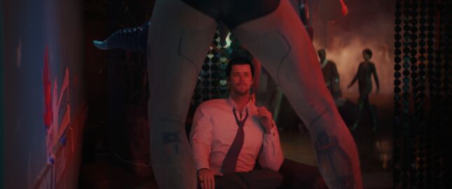 3d 3d_model 3d_render business_attire business_suit butt_plug cd_projekt_red cgi cyberpunk cyberpunk_2077 dildo gay gay_male male male/male male_only neon_lights sex_toy sex_worker souperman stripclub stripper suit_and_tie tie toy v_(cyberpunk_2077) watching