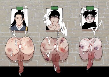 3boys absurdres after_anal after_sex ass ass_focus balls bite_mark bite_mark_on_ass black_hair brick_wall bruise choso_kamo cum cum_in_ass cumdrip doki_(doki_66_44) facing_viewer glory_wall highres injury jujutsu_kaisen long_hair male male_focus multiple_boys multiple_males pale_skin penis perineum photo_(object) rough_sex scar stuck_in_wall suguru_geto tape testicles through_wall toji_fushiguro twintails twitching yaoi