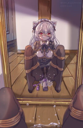 absurdres animal_ears ball_gag bondage bound choker cloth_gag commission crotch_rope egg_vibrator female female_orgasm gag gagged highres hitachi_magic_wand improvised_gag long_hair looking_at_mirror maid mirror nero_augustus orgasm original pov red_eyes sex_toy shibari_over_clothes spread_legs tied_up_(nonsexual) vibrator white_hair