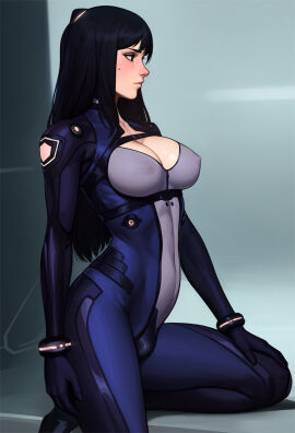 1futa abs athletic athletic_futa bangs beauty_mark big_breasts black_hair bodysuit breasts bulge bulge_through_clothing bulging_breasts cleavage clothed clothing emblem fully_clothed futa_only futanari highres human intersex light-skinned_futa light_skin long_hair looking_away nipple_bulge nipples pinup solo solo_futa spacesuit tarakanovich yuna_(tarakanovich)