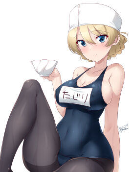 1girls black_pantyhose blonde_hair blue_eyes blush braid breasts cleavage collarbone commentary covered_navel covered_nipples cup darjeeling female girls_und_panzer hair_between_eyes highres kuzuryuu_kennosuke large_breasts legs looking_at_viewer one-piece_swimsuit pantyhose pantyhose_under_swimsuit school_swimsuit schoolgirl simple_background solo swim_cap swimsuit teacup thighs white_background
