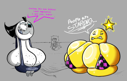 3girls ball_with_boobs ball_with_hyper_features beach breasts breasts_bigger_than_head casual_nudity dorkzone ena ena_(series) female female_only gigantic_breasts huge_breasts huh? hyper_breasts large_breasts mario_(series) mario_and_luigi_(series) moony_(joel_g) nintendo sagging_breasts starlow text