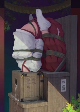 bondage bound bound_legs breasts brown_hair cardboard_box female full_body gag indoors large_breasts long_sleeves no_shoes open_clothes rope shibari_over_clothes shirt skirt socks solo white_legwear white_shirt