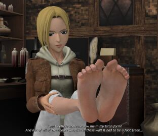 1girls 3d annie_leonhardt attack_on_titan blonde-haired_female blonde_female blonde_hair blue_eyes clothed clothed_female clothes feet feet_focus feet_tease feet_together feet_up female female_focus female_only foot_fetish footfetishrenders implied_footjob light-skinned_female light_skin shingeki_no_kyojin tease teasing teasing_with_feet text variant variant_set