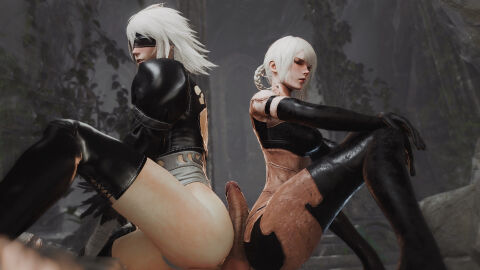 1boy 1girls 3d 3d_(artwork) ass ass_focus assjob bisexual bisexual_male bisexual_sandwich blender blindfold butt buttjob clothed clothing cock cock_worship female female_focus kaine_(nier) male male/female male/male male_focus nier nier:_automata nier_(character) nier_(series) nier_replicant outdoors penis sandwiched squatting thick_ass thick_thighs thighs unseen_male_face white_hair
