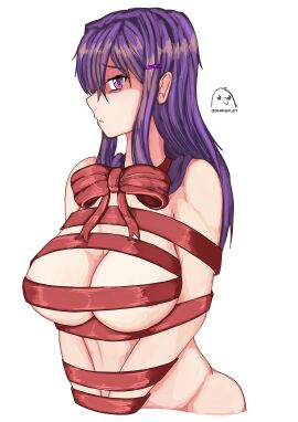 artist_logo artist_name bluekapo bow breasts cleavage collarbone cropped_torso doki_doki_literature_club ear female female_only hairclip head_to_side large_breasts light-skinned_female light_skin long_hair looking_at_viewer naked_ribbon parted_lips purple_eyes purple_hair purple_hairclip red_bow red_ribbon sidelocks simple_background solo tagme tied_arms v_arms white_background yuri_(doki_doki_literature_club)