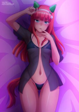 1girls 2021 aqua_eyes babydoll belly belly_button blush bra chromatic_aberration collarbone female female_only finger_to_mouth hairband hand_on_head hand_to_own_mouth highres hips light-skinned_female light_skin long_hair looking_at_viewer lying micro_bikini navel on_back on_bed orange_hair panties parted_lips ribs see-through see-through_clothing silence_suzuka_(umamusume) smile solo stomach tail thighs thong umamusume umamusume_pretty_derby waist wide_hips zel-sama
