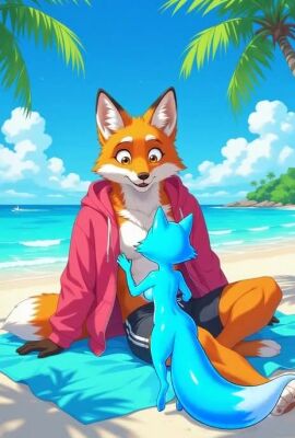 ai_generated anthro beach beach_background beach_towel body_invasion brown_eyes fox fox_boy furry ghost ghost_girl grok_imagine male muscular_male orange_body orange_fur pink_hoodie possession shorter_than_10_seconds sound tagme video vore