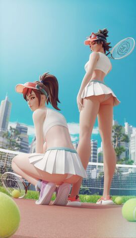 3d d.va female female_only fugtrup kiriko_(overwatch) lifeguard_kiriko light-skinned_female light_skin overwatch overwatch_2 panties pantyshot ponytail short_skirt tennis_ball tennis_court tennis_racket tennis_uniform upskirt white_panties