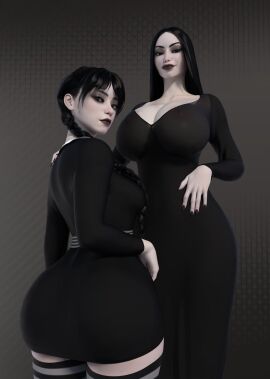 2girls 3d ass big_ass black_clothing black_hair braid breast_size_difference breasts cleavage clothed clothing fat_ass female female_only fingernails goth_girl huge_breasts large_breasts light-skinned_female light_skin morticia_addams mother_and_daughter multiple_females multiple_girls netflix pale-skinned_female pale_skin popogori revealing_clothes standing the_addams_family thick voluptuous wednesday_(netflix) wednesday_addams