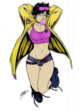 1girls blowing_bubblegum boots breasts bubble_gum combat_boots daniele_torres eyewear_on_head female female_only fully_clothed jubilation_lee jubilee jumping large_breasts marvel marvel_comics short_hair short_shorts shorts solo x-men