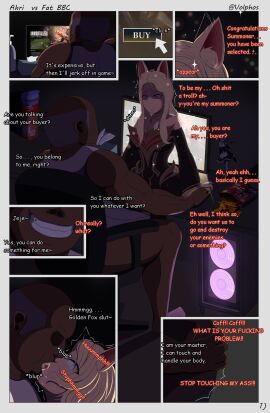 1boy 1girls ahri big_penis blonde_hair comic dark-skinned_male dark_skin english_text evil_grin fat_bastard fat_male female forced_kiss fox fox_ears fox_girl furry_tail hall_of_legends immortalized_legend_ahri interracial league_of_legends light-skinned_female light_skin male penis tail ugly_bastard vastaya volphos