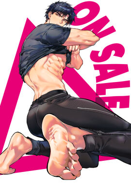 1boy barefoot black_clothing black_hair feet grey_eye male male_only muscular muscular_male original removing_clothing removing_shirt simple_background solo tomcat_li white_background