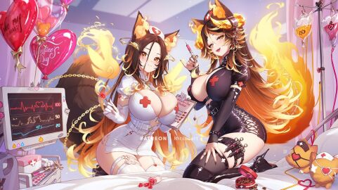 animal_ears balloon bed big_breasts black_boots black_nails black_sleeves boots bracelet breasts brown_hair cleavage clipboard closed_mouth detached_sleeves detached_wings elbow_gloves female fiery_ears fiery_tail gloves hat heart_balloon hellhound high_heel_boots high_heels holding holding_clipboard holding_pen holding_syringe horns hospital_bed indie_virtual_youtuber intravenous_drip jewelry mitsu_art multicolored_hair nurse nurse_cap open_mouth orange_hair patreon_username pen sinder_(vtuber) streaked_hair studded_bracelet syringe tail twitch twitch.tv twitter virtual_youtuber vtuber white_gloves wings wolf wolf_ears wolf_girl wolf_tail yellow_eyes youtube