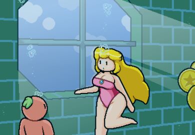 blonde_hair bubbles coin coins female male mario_(series) okami_tomato one_piece_swimsuit pink_swimsuit princess_peach secret_aquarium_(mario_64) super_mario_64 swimming swimsuit tomato_(okami_tomato) underwater window
