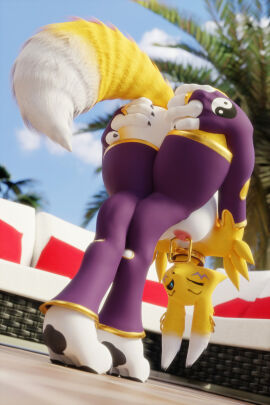 1girls 2024 3d 3d_(artwork) 4_fingers anthro anthro_only areola areolae ass big_ass big_butt black_sclera blue_eyes bridal_gauntlets claws digimon digimon_(species) ear_piercing earrings female female_focus female_only fever-dreamer fox fox_ears fur furry furry_female furry_only hi_res highres hips holding_ass jewelry large_ass large_butt long_legs looking_at_viewer mammal nipple_piercing nipples outdoors piercing pinup purple_thighhighs renamon renamon_(dogzeela) solo solo_female solo_focus thighhighs wide_hips wink winking_at_viewer yellow_body yellow_fur yin_yang