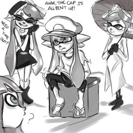 agent_3_(splatoon) agent_3_(splatoon_3) angry boner boner_in_pants callie_(splatoon) captain_(splatoon_3) confused dialogue english_text erection erection_under_clothing female futanari intersex kaori_(splatoon) marie_(splatoon) pent_up shaking splatoon splatoon_(series) squid_sisters teasing tentacle_hair text