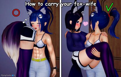2girls 3d abs animal_ears ass big_breasts blue_hair blush bra breasts carrying_partner female flyingcookie fox_ears fox_girl fox_tail happy heart koikatsu muscular muscular_female original original_characters ponytail purple_eyes purple_hair short_hair stockings wholesome yuri