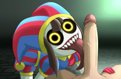 all_fours black_eyes blinkerbye brown_hair clothed_female_nude_male dick eye_contact female glitch_productions gloves hand_on_another's_thigh imminent_eating imminent_oral jester_outfit licking_penis looking_at_viewer male penis pink_tongue pomni_(the_amazing_digital_circus) possessed possessed_pomni possession red_gloves sharp_teeth the_amazing_digital_circus white_body