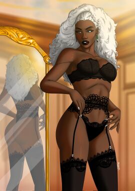 1girls canonical_scene dark-skinned_female dark_skin fanart female lingerie marvel marvel_comics mirror official_alternate_costume ororo_munroe ororo_spoilers razanul sexy storm_(x-men) trying_on_clothes white_hair white_nails x-men