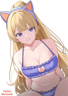 1girls absurdres animal_ears blonde_hair blue_bra blue_eyes blue_panties blue_scrunchie bra breasts cat_ears cat_lingerie center_opening collarbone female highres karuizawa_kei long_hair looking_at_viewer medium_breasts navel panties ponytail scrunchie smile solo teeth thighs twitter_username underwear white_background xueli_shimazaki youkoso_jitsuryoku_shijou_shugi_no_kyoushitsu_e
