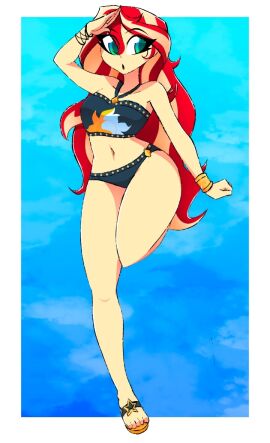 1girls 2022 bikini black_bikini black_bra black_clothing black_panties blue_background bracelet curvy equestria_girls female female_only friendship_is_magic hasbro high_resolution highres my_little_pony red_and_yellow_hair sandals solo solo_female sunset_shimmer thick_thighs twitter_link two-piece_swimsuit two-tone_hair two_piece_swimsuit wide_hips xan-gelx_(xan)