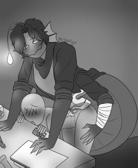 2_penises 2boys 3_arms 4_fingers anal anal_sex ass bandaged_arm blush blushing_male clothed_male clothed_male_naked_male digital_media_(artwork) diphallia diphallism document duo ear_fins fins flashlight gay gay_anal gay_sex grey_background human human_male human_with_monster jacket keycard leaning_on_table lure_(anatomy) male male/male male/monster male_monster male_on_male male_penetrated male_penetrating male_penetrating_male male_with_male medkit merfolk merman monster monster/human monster_boy monster_male monster_on_human monster_on_male mr_sharkynsfw multi_arm multi_genitalia multi_limb multi_penis naked naked_male naked_male_with_clothed_male penis penis_in_anus penis_in_ass pressure_(roblox) prostate roblox roblox_game scarf sebastian_solace sex shirt short_hair simple_background table usb y/n yaoi