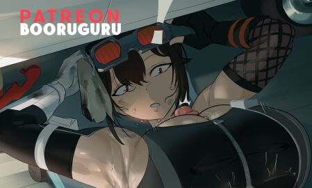 ! 1boy absurdres alternate_breast_size_(larger) arm_pouch armpits arms_up artist_name bare_shoulders black_gloves black_hair black_sports_bra bolt_on_tits booruguru breast_implants breasts car cleaning_rag commentary double-parted_bangs elbow_gloves english_commentary enhanced_breasts fake_breasts female fishnet_gloves fishnets gloves goggles goggles_on_head grace_howard grease_(mechanical) hair_between_eyes highres huge_breasts looking_at_penis lying male motor_vehicle on_back paid_reward_available paizuri parted_lips patreon_username penis red_eyes short_hair silicone silicone_implants solo_focus sports_bra straight surprised sweat sweaty_armpits zenless_zone_zero zipper_top