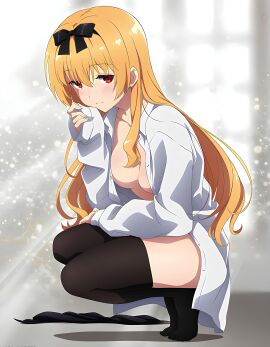 alternate_breast_size arifureta_shokugyou_de_sekai_saikyou black_thighhighs blonde_hair blush breasts cleavage closed_mouth collarbone earrings feet female hair_ribbon long_hair long_sleeves medium_breasts naked_shirt no_bra official_art open_shirt red_eyes shirt_only smile squatting thighhighs thighs toes unbuttoned_shirt white_shirt yue_(arifureta)