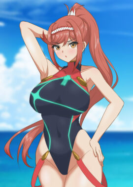 1girls alternate_costume big_breasts bikini breasts competition_swimsuit cosplay female glimmer_(xenoblade) groin hand_on_own_hip hands_on_own_hips hata_(pixiv10403940) high_res highleg long_hair nintendo one-piece_bikini one-piece_swimsuit ponytail pyra_(cosplay) red_eyes sleeveless sleeveless_turtleneck swimsuit turtleneck very_long_hair xenoblade_(series) xenoblade_chronicles_2 xenoblade_chronicles_3 yellow_eyes