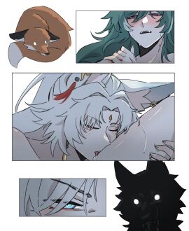 blue_eyes feixiao_(honkai:_star_rail) female fox fox_ears fox_girl green_hair honkai:_star_rail honkai_(series) hoyoverse licking licking_thigh nervous sc2_22 scared scared_expression scared_face shadows thighs white_hair yukong_(honkai:_star_rail) yuri