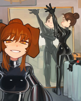 2_bodysuits 2girls black_bodysuit black_latex bodysuit brown_hair commission dressing female female_only latex latex_bodysuit latex_clothing latex_gloves latex_suit maridiansnack opal_(kdf_qs) red_hair selfie shiny_clothes smile