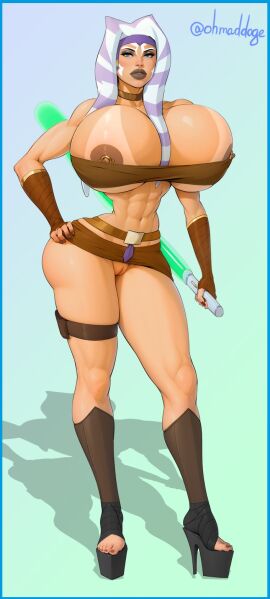 abs ahsoka_tano alien alien_girl alien_humanoid areolae artist_name ass athletic athletic_female bare_midriff biceps big_breasts big_lips bikini_tan bimbo bimbo_body bimbo_lips blue_eyes border bracelet breasts bubble_ass bubble_butt bursting_breasts busty choker cleavage clone_wars color eyeshadow female female_focus female_only gigantic_breasts going_commando green_lightsaber heels high_heels hourglass_figure huge_breasts large_breasts lekku lightsaber lipstick makeup mascara microskirt miniskirt nail_polish navel nipple_piercing nipples no_panties ohmaddoge orange_body orange_skin overflowing_breasts piercing platform_heels pussy revealing_clothes simple_background skimpy skimpy_clothes skirt standing star_wars tan tan_body tan_skin tanline thigh_holster toenail_polish togruta underboob vagina wide_hips