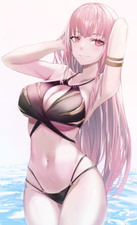 1girls 2d 2d_(artwork) alternate_costume arms_behind_head artist_request belly_button big_breasts bikini bikini_bottom bikini_top black_bikini black_bikini_bottom black_swimsuit black_thong breasts day female female_focus female_only high_resolution highres hololive hololive_english hololive_myth hourglass_figure light-skinned_female light_skin long_hair looking_at_viewer mori_calliope multi-strapped_bikini navel ocean outdoors pink_eyes pink_hair revealing_swimsuit slim_female smiling smiling_at_viewer solo solo_female solo_focus standing summer swimsuit thong thong_bikini two_piece_swimsuit virtual_youtuber vtuber vtuberfanart water white_background young younger_female