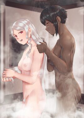 2girls absurdres black_hair breasts brown_eyes completely_nude couple dark_skin female female_pubic_hair gotuya grey_hair haven_(game) highres kay_(haven) long_hair looking_at_another multiple_females multiple_girls nipples nude pubic_hair same-sex_bathing scar scar_on_face shared_bathing short_hair shower_(place) steam washing_another wet wet_hair white_pubic_hair yu_(haven) yuri