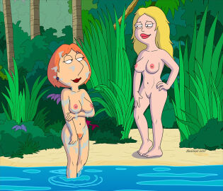 2girls 2milfs accurate_art_style american_dad blackzacek disheveled_hair family_guy female francine_smith lois_griffin messy_hair milf milfs naked_female nature nature_background seductive wet_body wet_hair
