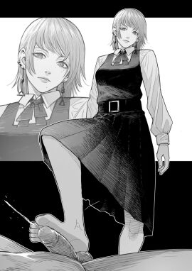 alternate_version_available barefoot black_and_white cfnm chainsaw_man cirenk clothed_female_nude_male cum death_devil_(chainsaw_man) dominant_female dress earrings ejaculation feet feet_on_penis female femdom foot_fetish footjob fully_clothed male monochrome penis premature_ejaculation school_uniform small_penis soles standing_footjob stepped_on stepping_on_penis toes trampling
