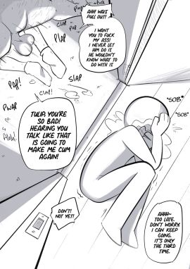 1girls 2boys balls birds_eye_view black_and_white cheating cheating_girlfriend crying_male cucking cuckold dialogue english_text female fetal_position implied_sex joshin male netorare ntr on_floor original plap plapping speech_bubble speech_bubbles text tulip_(joshin)