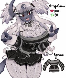 1girls 2023 absol anthro areola_slip bangs big_breasts blunt_bangs breasts cheek_piercing cleavage double_v english_text female female_only fishnet_pantyhose fishnets generation_3_pokemon goth hi_res long_hair looking_at_viewer miniskirt nintendo pokemon pokemon_(species) pokémon_(species) red_eyes smiling smiling_at_viewer solo spiked_bracelet strip_game succumbeon text thick_thighs tongue tongue_out tongue_piercing twintails twitter_strip_game_(meme) v_sign white_background white_hair