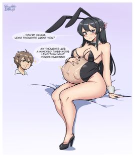 1boy 1girls ass azusagawa_sakuta big_belly big_breasts bloated_belly blush breasts bunny_ears bunnysuit clothed clothing disgusted fat_ass female female_focus fetal_movement heels high_heels male navel nosebleed outie_navel pregnant sakurajima_mai seishun_buta_yarou_wa_bunny_girl_senpai_no_yume_wo_minai tsukiji