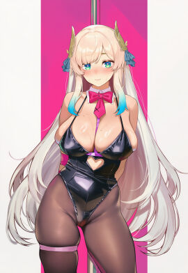 1girls ai_generated black_leotard blonde_hair blush breast_squish cameltoe green_eyes hikanari_hina long_hair necktie phase_connect sideboob sweat thick_thighs thighs virtual_youtuber wide_hips