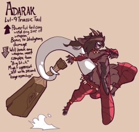 2024 adarak_(redx331) anthro big_bulge big_penis brown_body brown_hair bulge clothing club_(weapon) covered_eyes digital_media_(artwork) directional_arrow dragon english_text futanari gameplay_mechanics genitals hair hair_over_eyes horn huge_bulge huge_cock hyper hyper_bulge hyper_genitalia hyper_penis intersex jinti_(artist) melee_weapon mythological_creature mythological_scalie mythology nails penis scalie sharp_nails sharp_teeth simple_background solo tail teeth text thong topwear torn_clothing underwear weapon