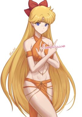 abs absurdly_long_hair absurdres alluring artist_name bare_shoulders bishoujo_senshi_sailor_moon blonde_hair blue_eyes bow breasts chains cleavage cleavage_cutout clothing_cutout commentary commission cowboy_shot criss-cross_halter crossed_wrists dancer english_commentary english_text eyelashes female gold_chain groin hairbow halterneck hands_up highres knee_up lesu long_hair looking_at_viewer m/ medium_breasts meme_attire midriff minako_aino navel orange_armband orange_shirt orange_skirt pelvic_curtain red_bow sailor_moon_pose sailor_venus shiny_skin shirt side_slit signature simple_background skirt solo standing tiara toned toned_female twintails twitter_username v-shaped_eyebrows very_long_hair white_background yomorio_lingerie