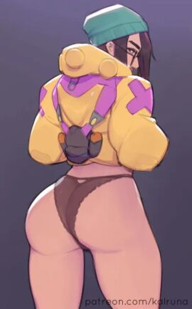 ass black_hair female glasses hair kalruna killjoy_(valorant) no_pants panties solo solo_female valorant