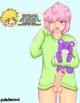 1futa balls blonde_hair bottomless clothed clothing dialogue erection flat_chest futa_only futanari human intersex light-skinned_futa light_skin meggie_(ohnomarksman) melissa_(ohnomarksman) morning_wood mostly_clothed ohnomarksman pajamas penis pink_hair plushie portuguese_text short_hair solo standing text translation_request waking_up