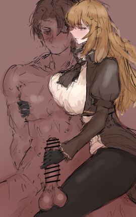 1boy 1girls big_breasts breasts brown_hair catherine_(limbus_company) censored clothed dark-skinned_male dark_skin female gloved_handjob gloves handjob heathcliff_(limbus_company) light-skinned_female light_skin limbus_company long_hair looking_at_partner male project_moon qesion reiha_k sketch sketchy smile thick_thighs ■■■■■(limbus_company)