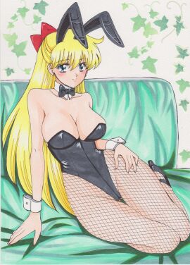 1990s_(style) 1girls absurdres alluring animal_ears bishoujo_senshi_sailor_moon blonde_hair breasts detached_collar fake_animal_ears female highres long_hair looking_at_viewer minako_aino playboy_bunny rabbit_ears rascal_(n119) retro_artstyle sailor_venus wrist_cuffs