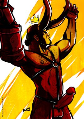 1boy balls bara body_hair boner chest_strap demon erection facial_hair hairy hairy_armpits hairy_arms hairy_chest hairy_male hairy_pubes hairy_thighs hard_nipples harness hellboy hellboy_(series) male male_only muscles muscular muscular_male nude penis randyslashtoons red_skin sideburns solo solo_male yaoi